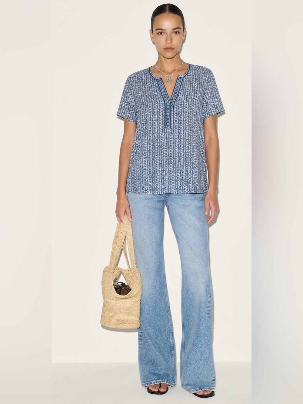 Max Studio NEW Geometric Short Sleeve Blouse XL Side Slits Relaxed Lightweight
